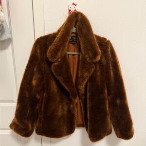 ZARA Brown Satin-Lined Coat with Faux Fur